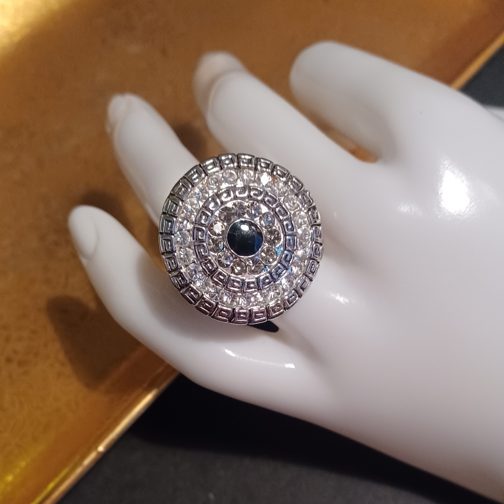 Premier Rhinestone Ring Silver Tone Round Medallion Shaped Black Enamel …